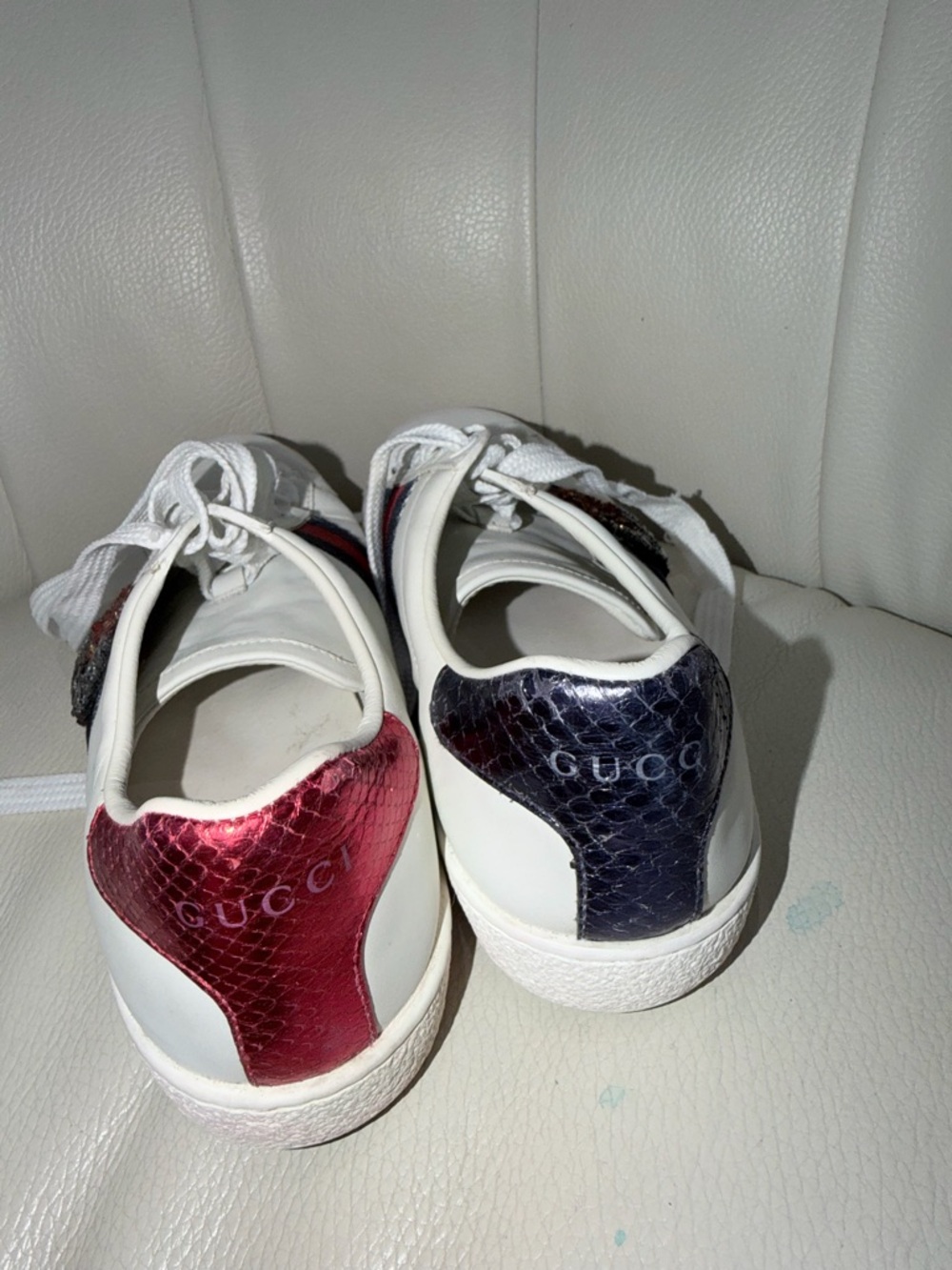Gucci White Leather Sneakers with Red & Navy Web and Embellishment - Picture 5 of 6